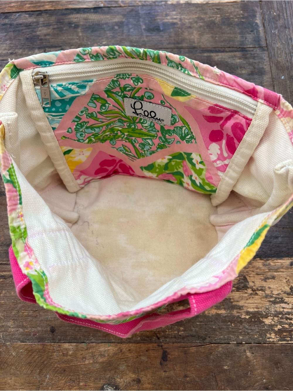 Lilly Pulitzer Pink Floral Patchwork Canvas Tote AS IS - Picture 4 of 7